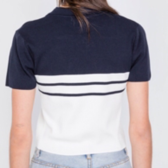 NAVY & WHITE SHORT SLEEVE CROP POLO TOP - Picture 2 of 2
